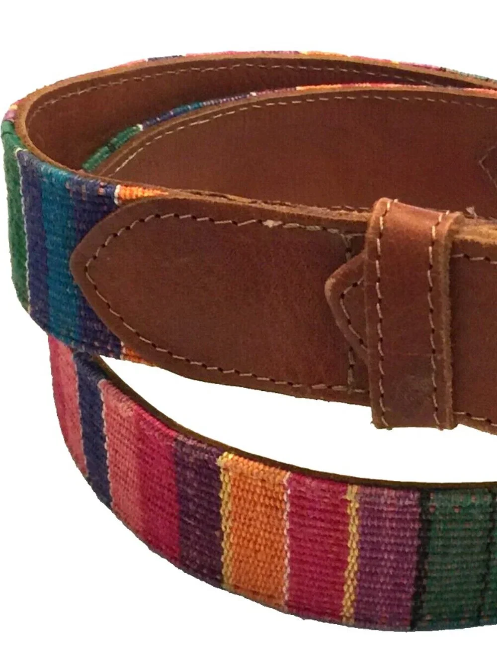 VINTAGE GUATEMALAN MULTICOLOR HANDWOVEN TEXTILE BUCKLE LEATHER BELT WOMENS 30